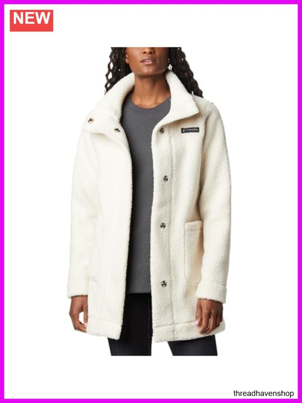 Sherpa Fleece Long Jacket with Tall Collar and Snap Placket